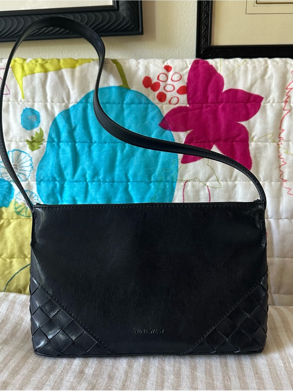 large mini nine west black vegan leather shoulder bag w woven details